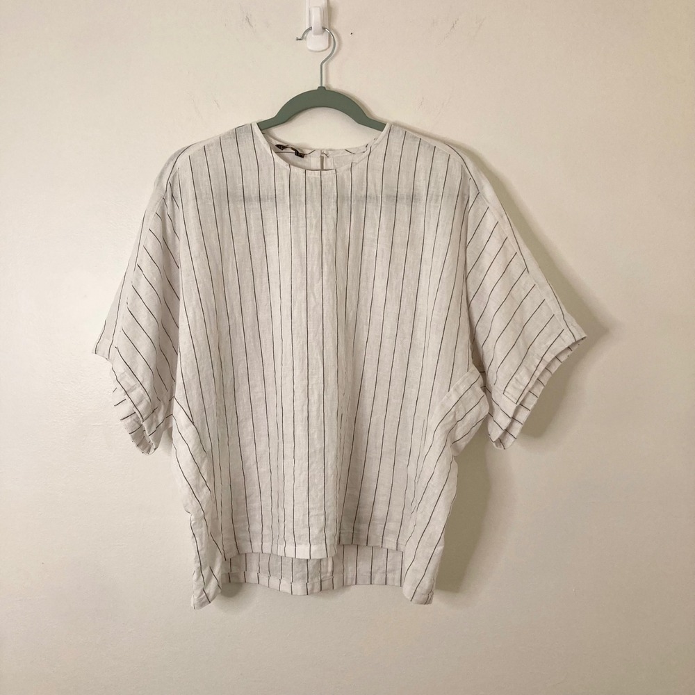 Yaly Couture 100% Linen Pinstripe Boxy Dolman Sleeve Top White Black L Coastal